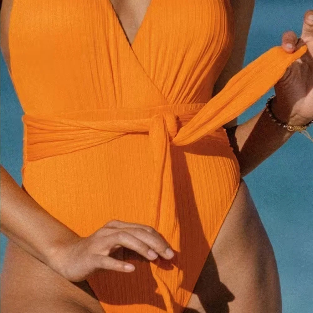 Cupshe Orange Retro Rib Surplice Sash Texture Belt One Piece Swimsuit Sz Medium